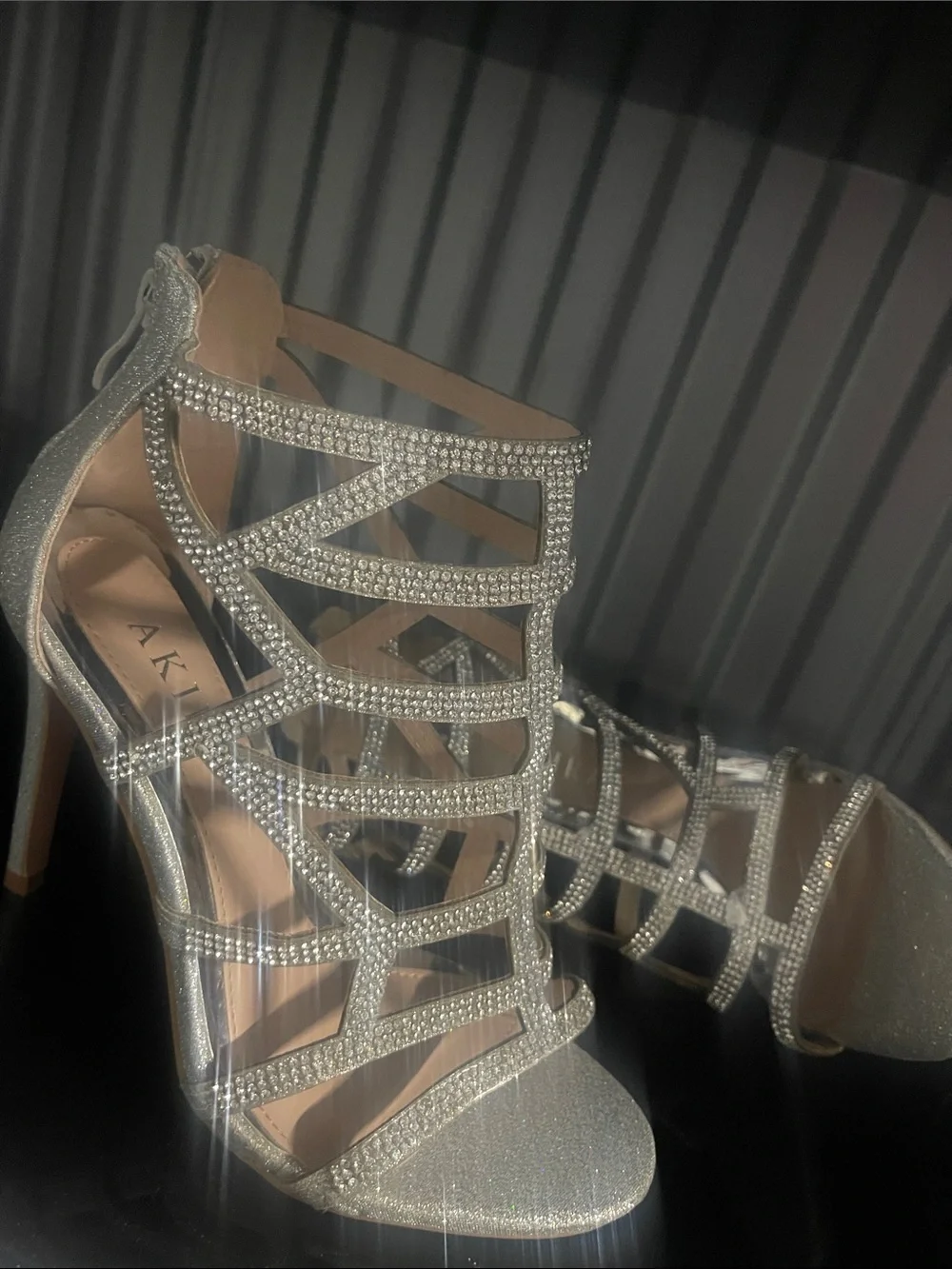 AKIRA Silver Crystal Cage Stiletto Sandals